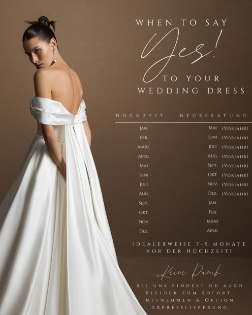Der optimale Zeitpunkt für deine Neuberatung:
Wir empfehlen dir, etwa 7 bis 9 Monate vor dem Hochzeitstermin einen Termin zu vereinbaren.
• Da die Brautkleider von internationalen Designern
erst auf Bestellung gefertigt werden, müssen wir diese Lieferzeiten unbedingt einplanen.
• Nachdem dein Kleid bei uns eingetroffen ist, folgt
außerdem noch die Feinanpassung.
🚨Solltest du dennoch kurzfristig ein Kleid benötigen, versuchen wir natürlich alles in die Wege zu leiten, damit auch dies klappt:
• Die Designer, mit denen wir zusammenarbeiten, bieten meistens auch einen Expressservice an.
Zudem haben wir eine große Auswahl an direkt vertugbaren Abverkautsmodellen in unserem Sale-Bereich.
Neuberatung vereinbaren und Wunschtermin sichern:
📞 +49 162 6940829
💌info@labellemariee-brautatelier.de
Oder über unser Kontaktformular auf unserer Website.