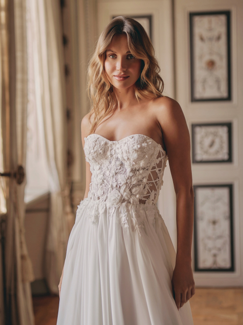 Corsagenkleid mit klassischem Herzausschnitt und transparenten Seiteneinsätzen.
Die gekreuzte Schnürung verleiht dem Look eine feminine Note.
Das Oberteil begeistert mit dreidimensionaler, floraler Spitze.
Der zarte Chiffonrock wird von feinen Spitzenelementen veredelt.
klassisch und zugleich modern – ein Look mit ganz besonderem Charme.